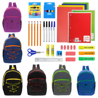 12 Wholesale 17" Bungee Backpacks in Assorted Colors & 12 Bulk School Supply Kits of Your Choice