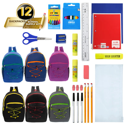 12 Wholesale 17" Bungee Backpacks in Assorted Colors & 12 Bulk School Supply Kits of Your Choice