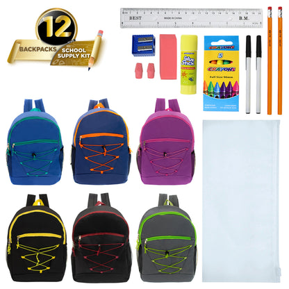 12 Wholesale 17" Bungee Backpacks in Assorted Colors & 12 Bulk School Supply Kits of Your Choice