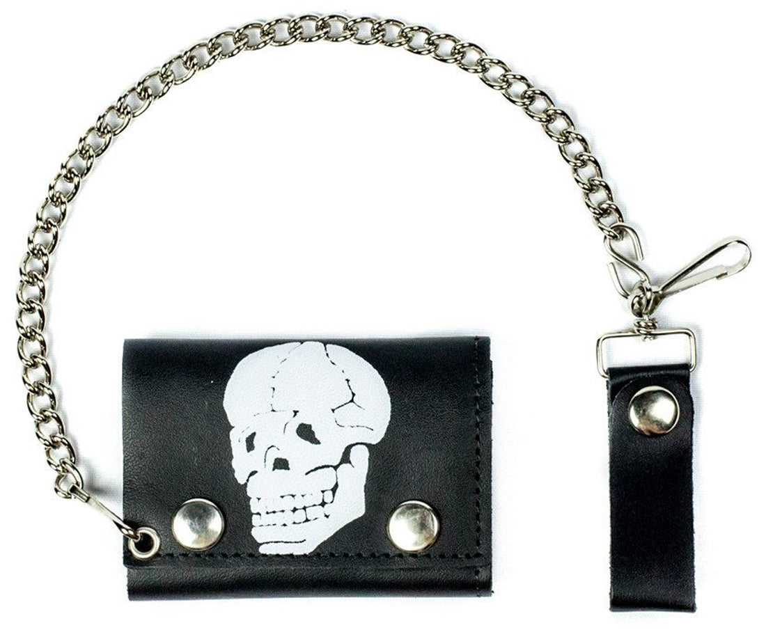 Bone Head Skull Trifold Leather Wallet with Chain - Genuine Leather