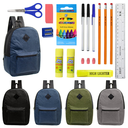 12 Bulk 17" Backpacks Diamond Patch in Assorted Dark Colors & 12 Wholesale School Supplies Kits