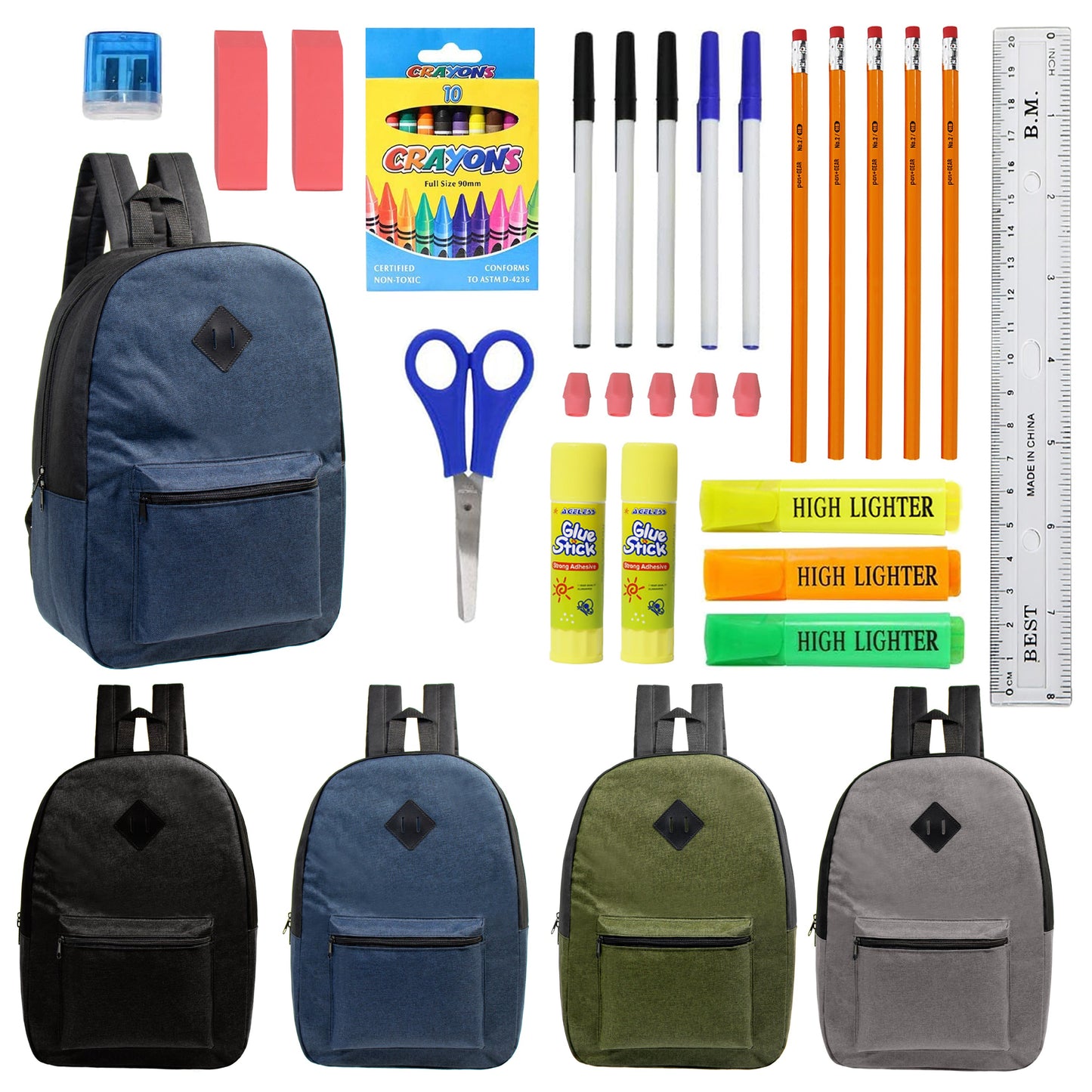 12 Bulk 17" Backpacks Diamond Patch in Assorted Dark Colors & 12 Wholesale School Supplies Kits