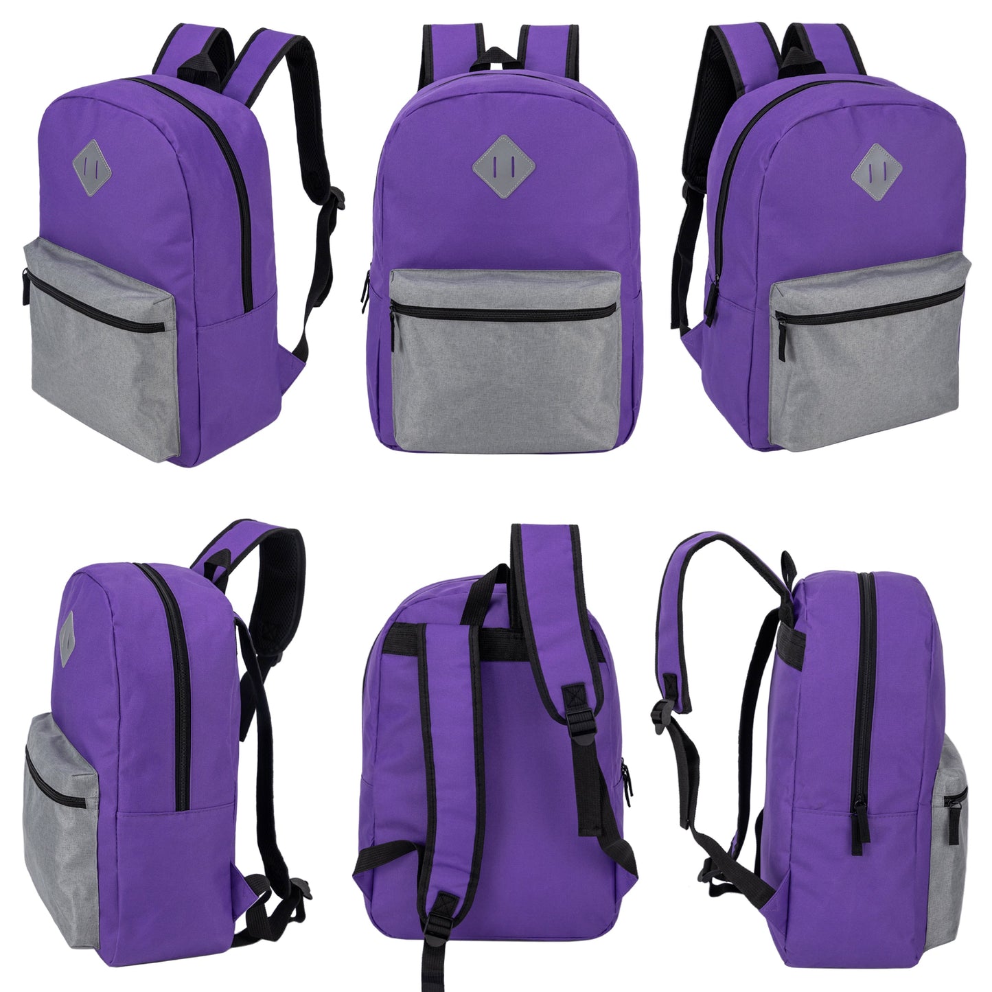 17" Wholesale Two Tone Backpack with a Diamond Patch in 8 Colors - Bulk Case of 24 Bookbags