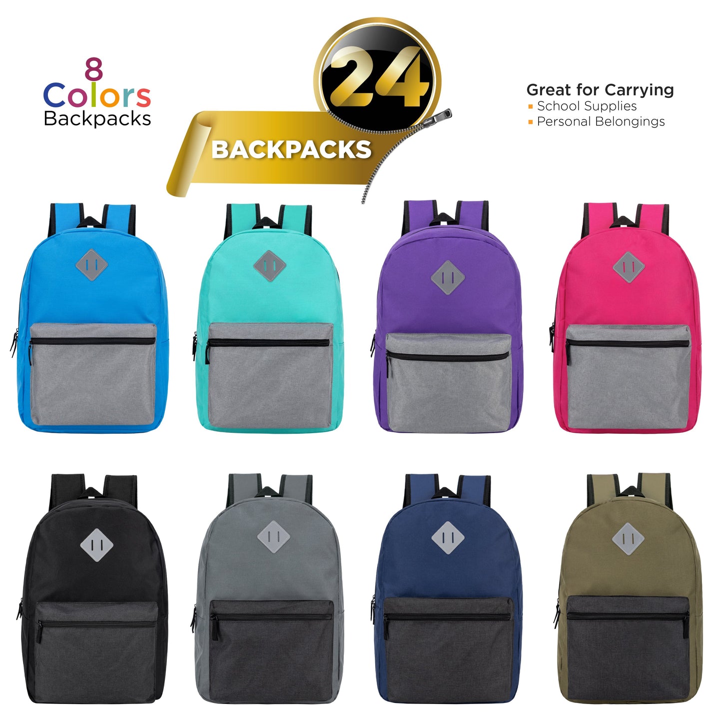 17" Wholesale Two Tone Backpack with a Diamond Patch in 8 Colors - Bulk Case of 24 Bookbags