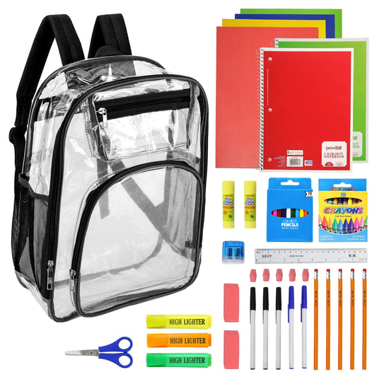 17" Premium Wholesale Clear Backpacks w/Black Trim & 12 Bulk School Supply Kits