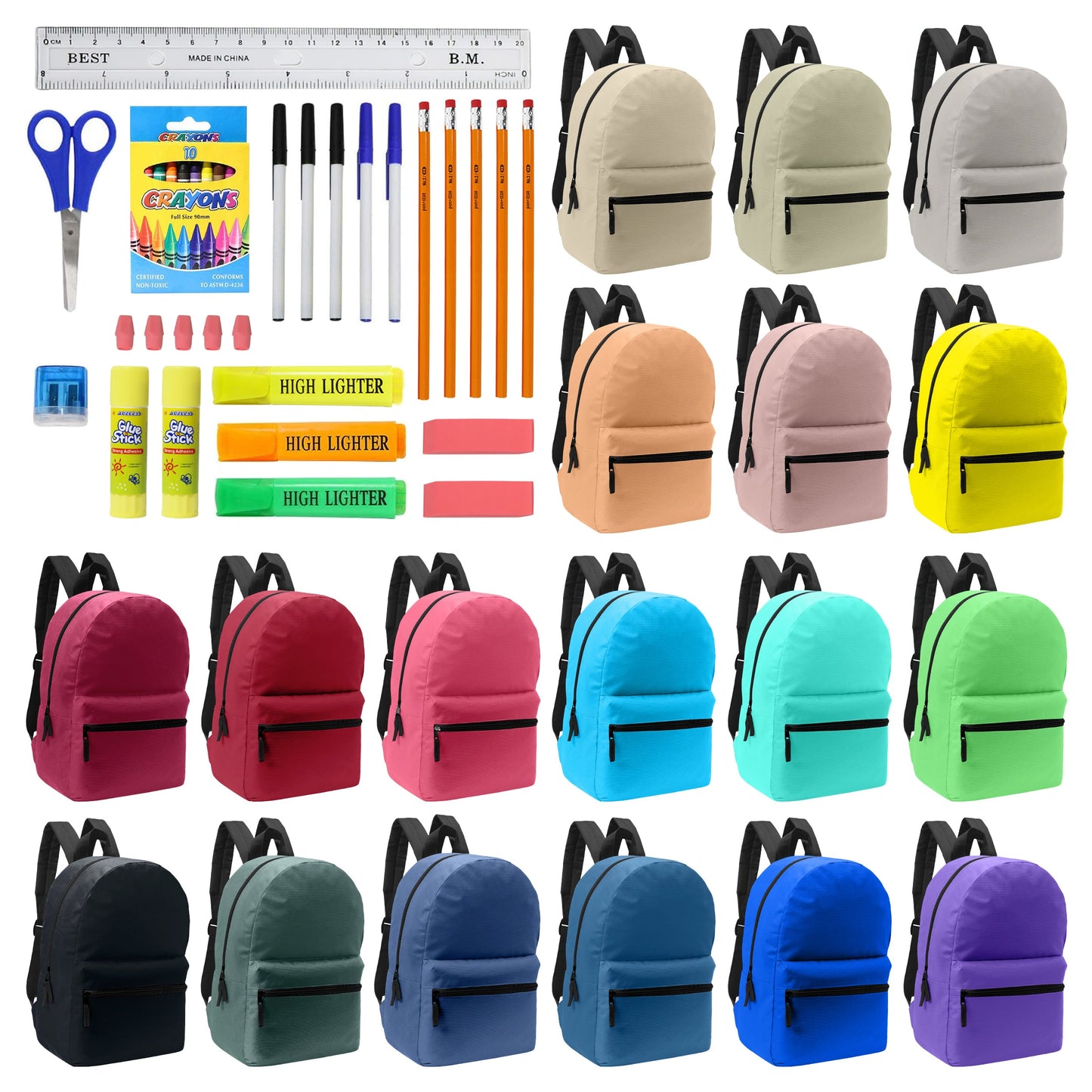 Wholesale 17" Backpacks and 12 Bulk School Supply Kits