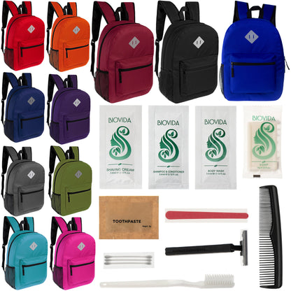 12 Diamond Patch 17" Backpacks in 11 Colors & Your Choice of 12 Bulk Hygiene Kits - Wholesale Care Package: Homeless, Emergency, Charity