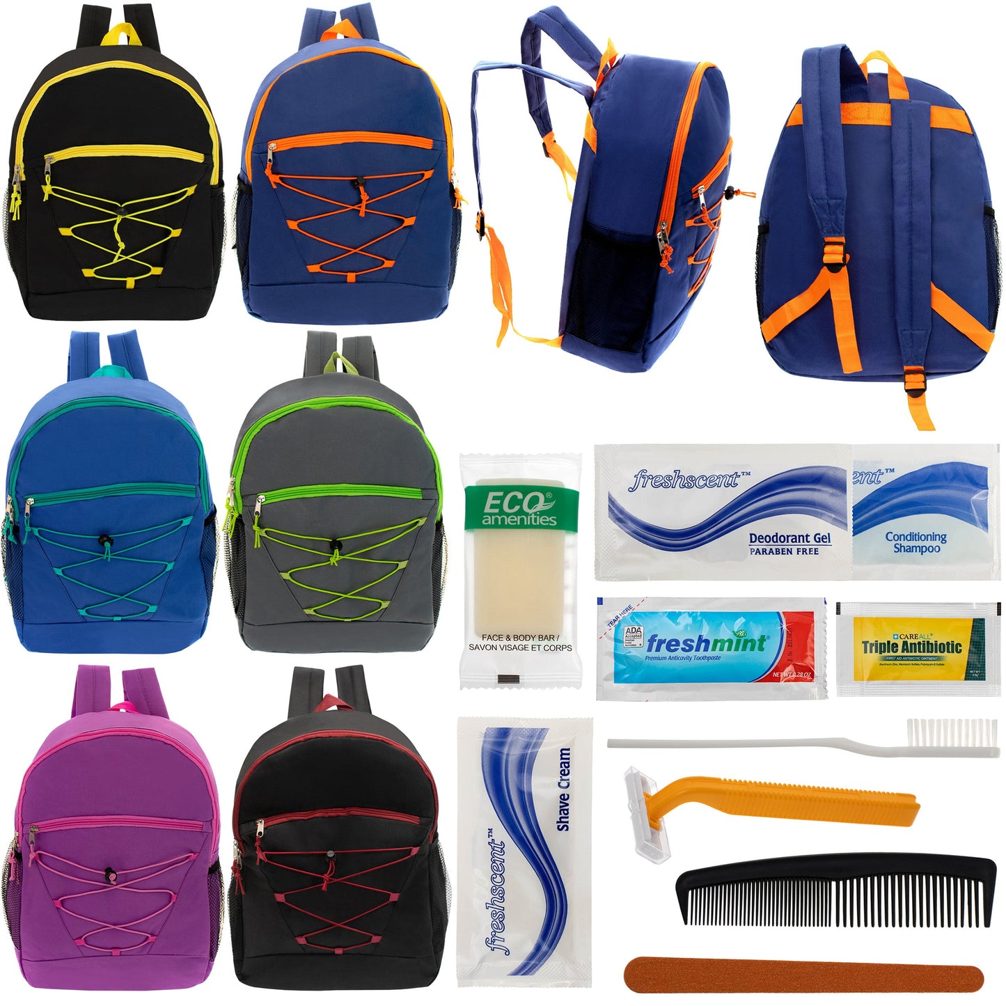 12 Bungee 17" Backpacks in 6 Colors & Your Choice of 12 Bulk Hygiene Kits - Wholesale Care Package: Homeless, Emergency, Charity