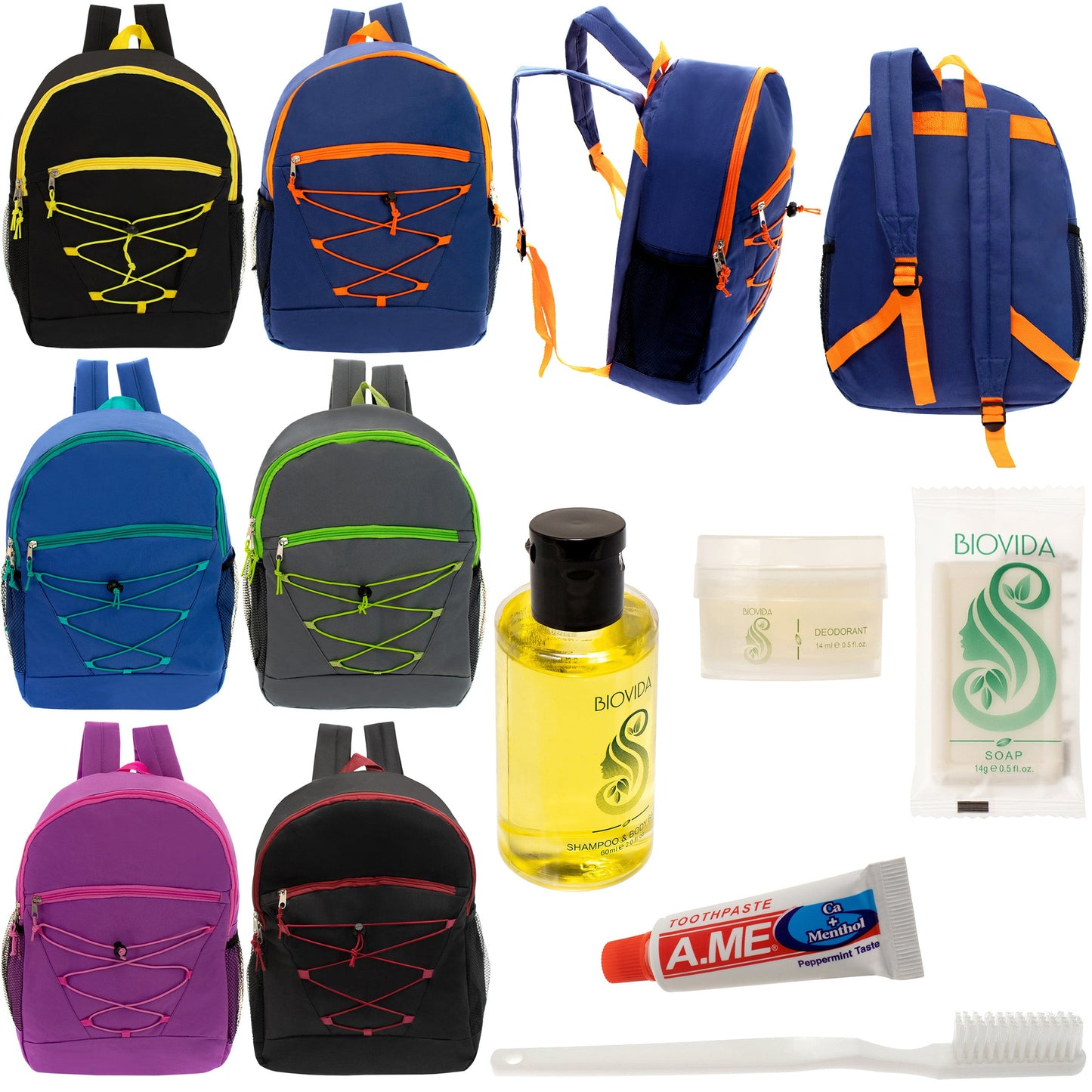 12 Bungee 17" Backpacks in 6 Colors & Your Choice of 12 Bulk Hygiene Kits - Wholesale Care Package: Homeless, Emergency, Charity