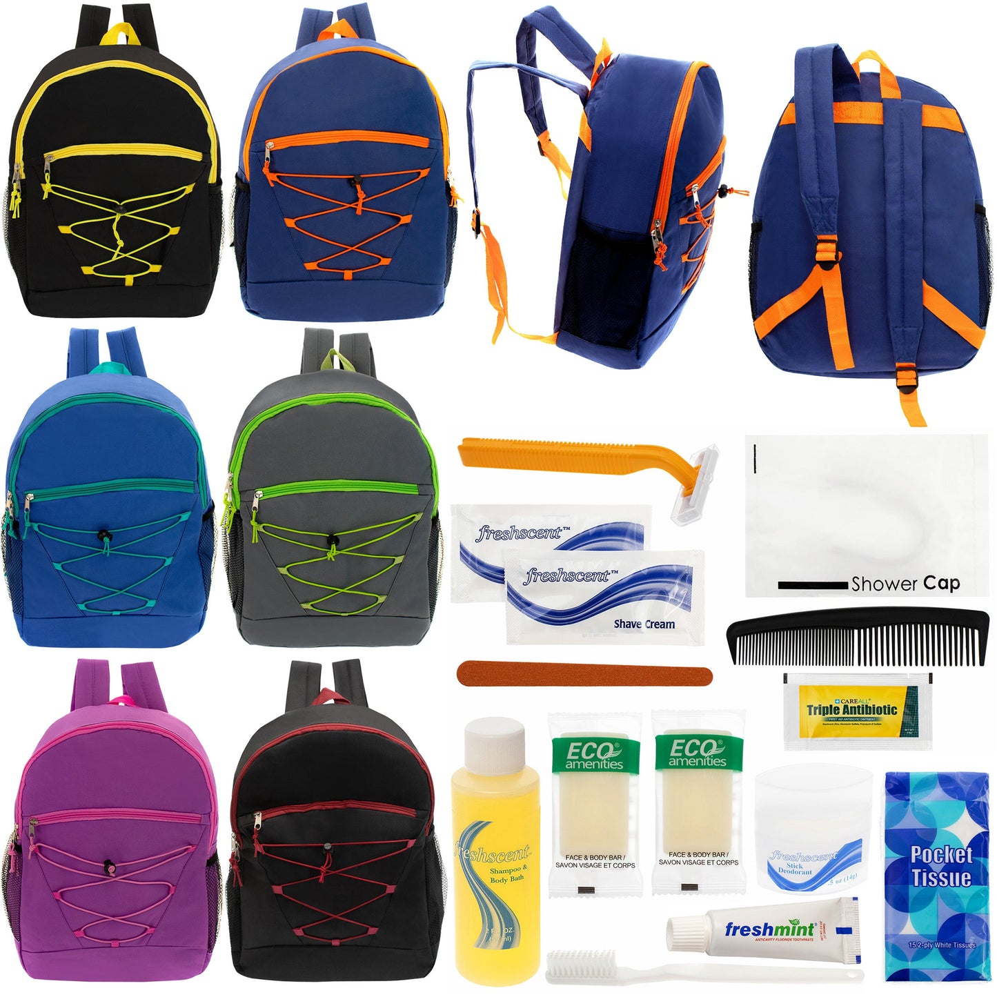 12 Bungee 17" Backpacks in 6 Colors & Your Choice of 12 Bulk Hygiene Kits - Wholesale Care Package: Homeless, Emergency, Charity