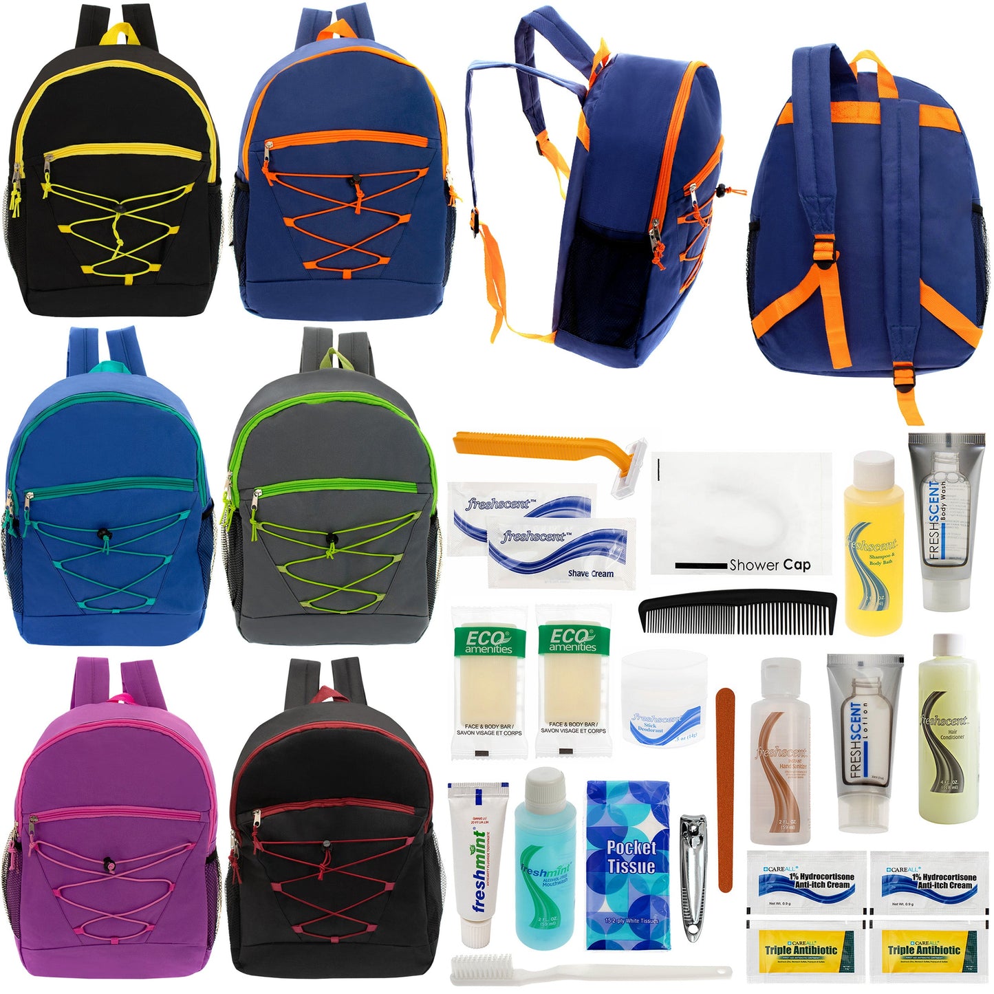 12 Bungee 17" Backpacks in 6 Colors & Your Choice of 12 Bulk Hygiene Kits - Wholesale Care Package: Homeless, Emergency, Charity