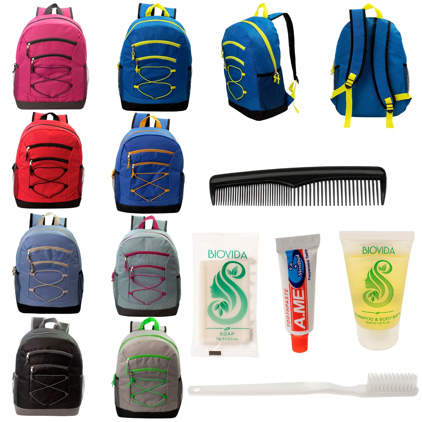 12 Bungee 17" Backpacks in 8 Colors & Your Choice of 12 Bulk Hygiene Kits - Wholesale Care Package: Homeless, Emergency, Charity