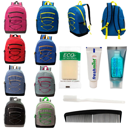 12 Bungee 17" Backpacks in 8 Colors & Your Choice of 12 Bulk Hygiene Kits - Wholesale Care Package: Homeless, Emergency, Charity