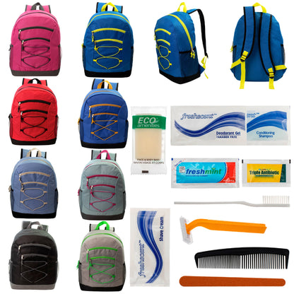 12 Bungee 17" Backpacks in 8 Colors & Your Choice of 12 Bulk Hygiene Kits - Wholesale Care Package: Homeless, Emergency, Charity