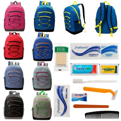 12 Bungee 17" Backpacks in 8 Colors & Your Choice of 12 Bulk Hygiene Kits - Wholesale Care Package: Homeless, Emergency, Charity