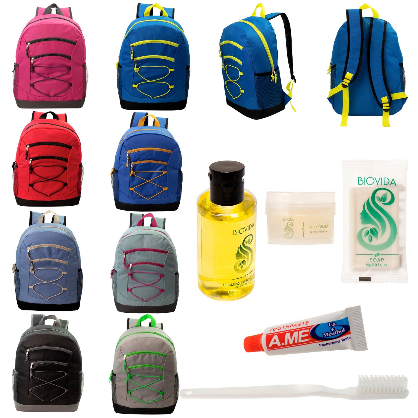 12 Bungee 17" Backpacks in 8 Colors & Your Choice of 12 Bulk Hygiene Kits - Wholesale Care Package: Homeless, Emergency, Charity