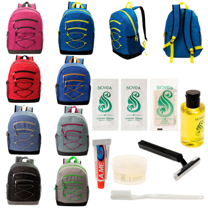 12 Bungee 17" Backpacks in 8 Colors & Your Choice of 12 Bulk Hygiene Kits - Wholesale Care Package: Homeless, Emergency, Charity