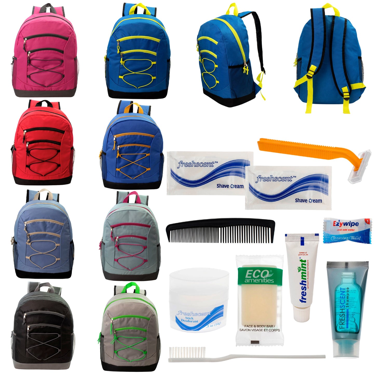 12 Bungee 17" Backpacks in 8 Colors & Your Choice of 12 Bulk Hygiene Kits - Wholesale Care Package: Homeless, Emergency, Charity