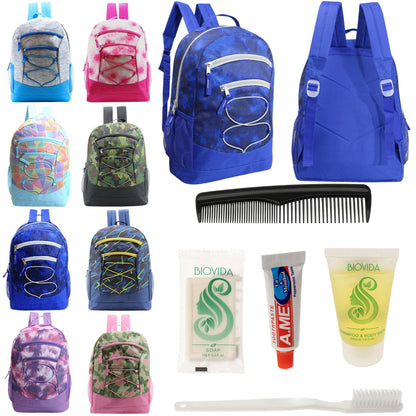 12 Bungee 17" Backpacks in 8 Colors & Your Choice of 12 Bulk Hygiene Kits - Wholesale Care Package: Homeless, Emergency, Charity