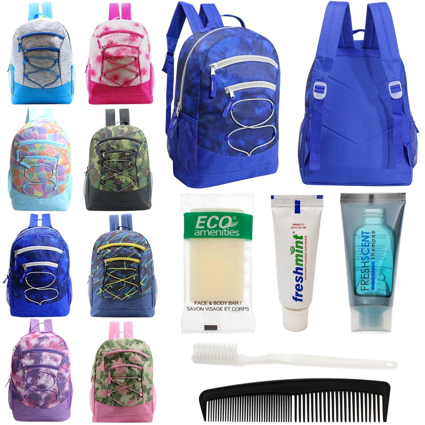 12 Bungee 17" Backpacks in 8 Colors & Your Choice of 12 Bulk Hygiene Kits - Wholesale Care Package: Homeless, Emergency, Charity