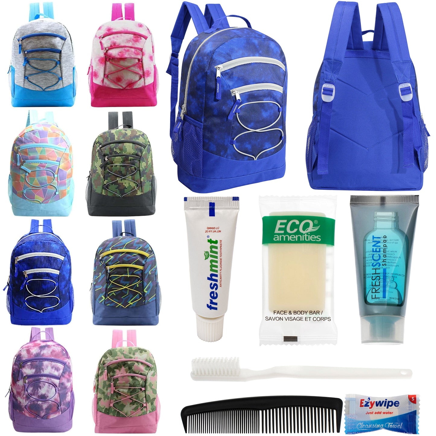 12 Bungee 17" Backpacks in 8 Colors & Your Choice of 12 Bulk Hygiene Kits - Wholesale Care Package: Homeless, Emergency, Charity