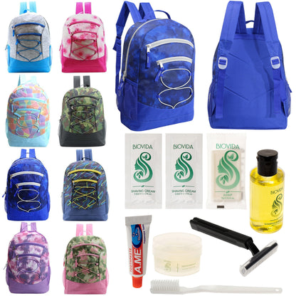 12 Bungee 17" Backpacks in 8 Colors & Your Choice of 12 Bulk Hygiene Kits - Wholesale Care Package: Homeless, Emergency, Charity