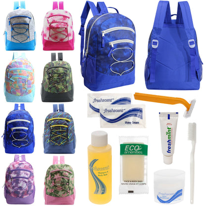 12 Bungee 17" Backpacks in 8 Colors & Your Choice of 12 Bulk Hygiene Kits - Wholesale Care Package: Homeless, Emergency, Charity