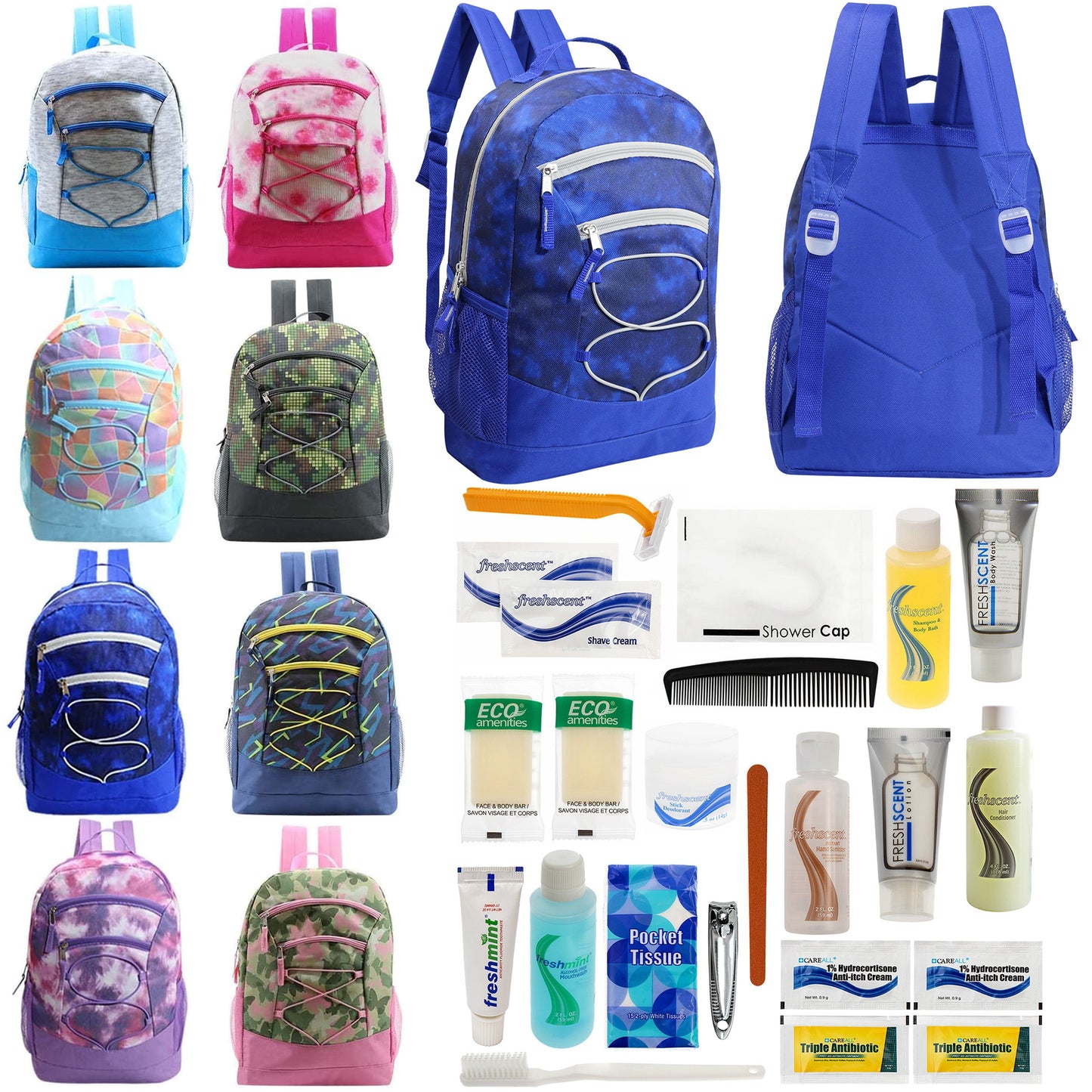 12 Bungee 17" Backpacks in 8 Colors & Your Choice of 12 Bulk Hygiene Kits - Wholesale Care Package: Homeless, Emergency, Charity