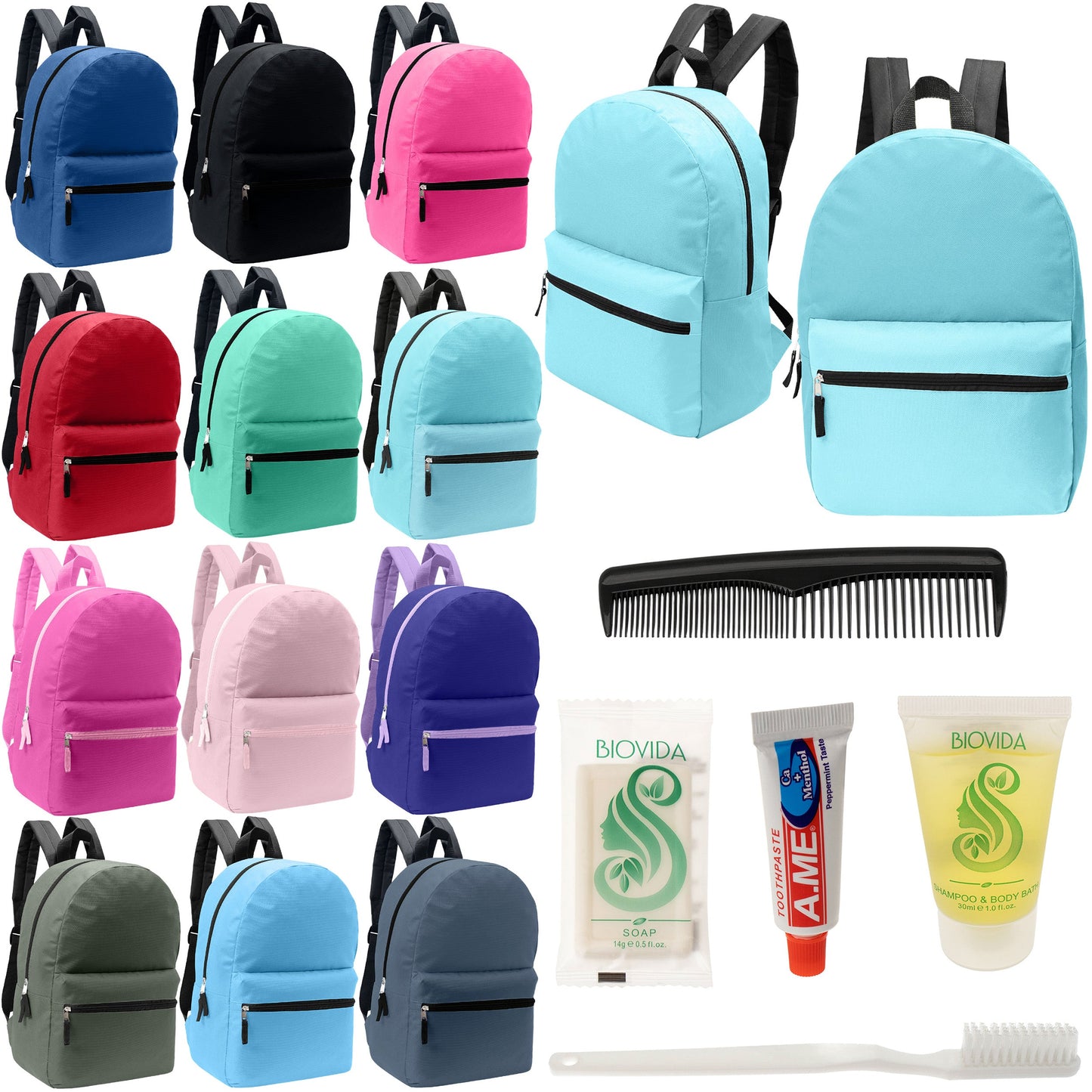 12 Basic 17" Backpacks in 12 Assorted Colors & Your Choice of 12 Bulk Hygiene Kits - Wholesale Care Package: Homeless, Emergency, Charity