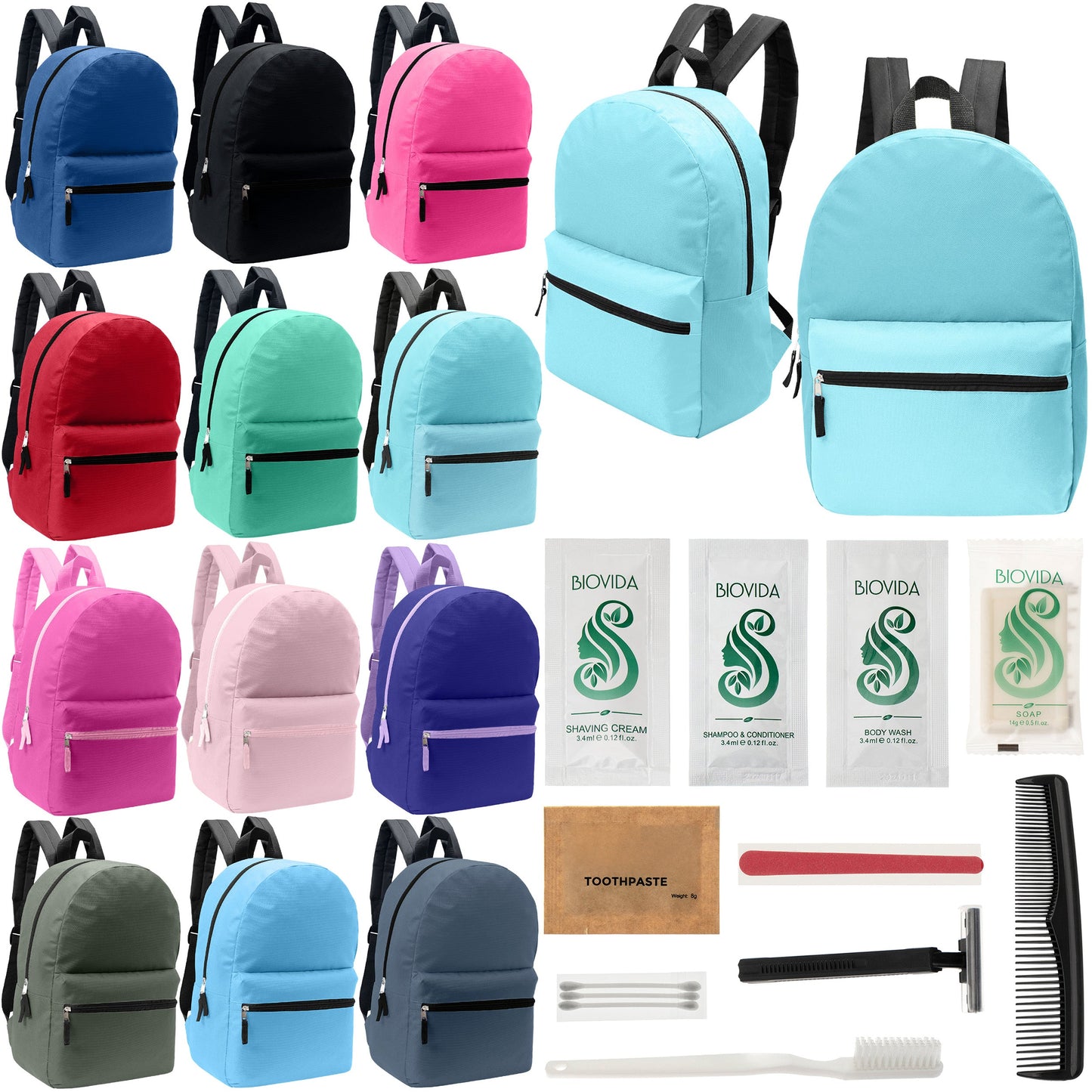 12 Basic 17" Backpacks in 12 Assorted Colors & Your Choice of 12 Bulk Hygiene Kits - Wholesale Care Package: Homeless, Emergency, Charity