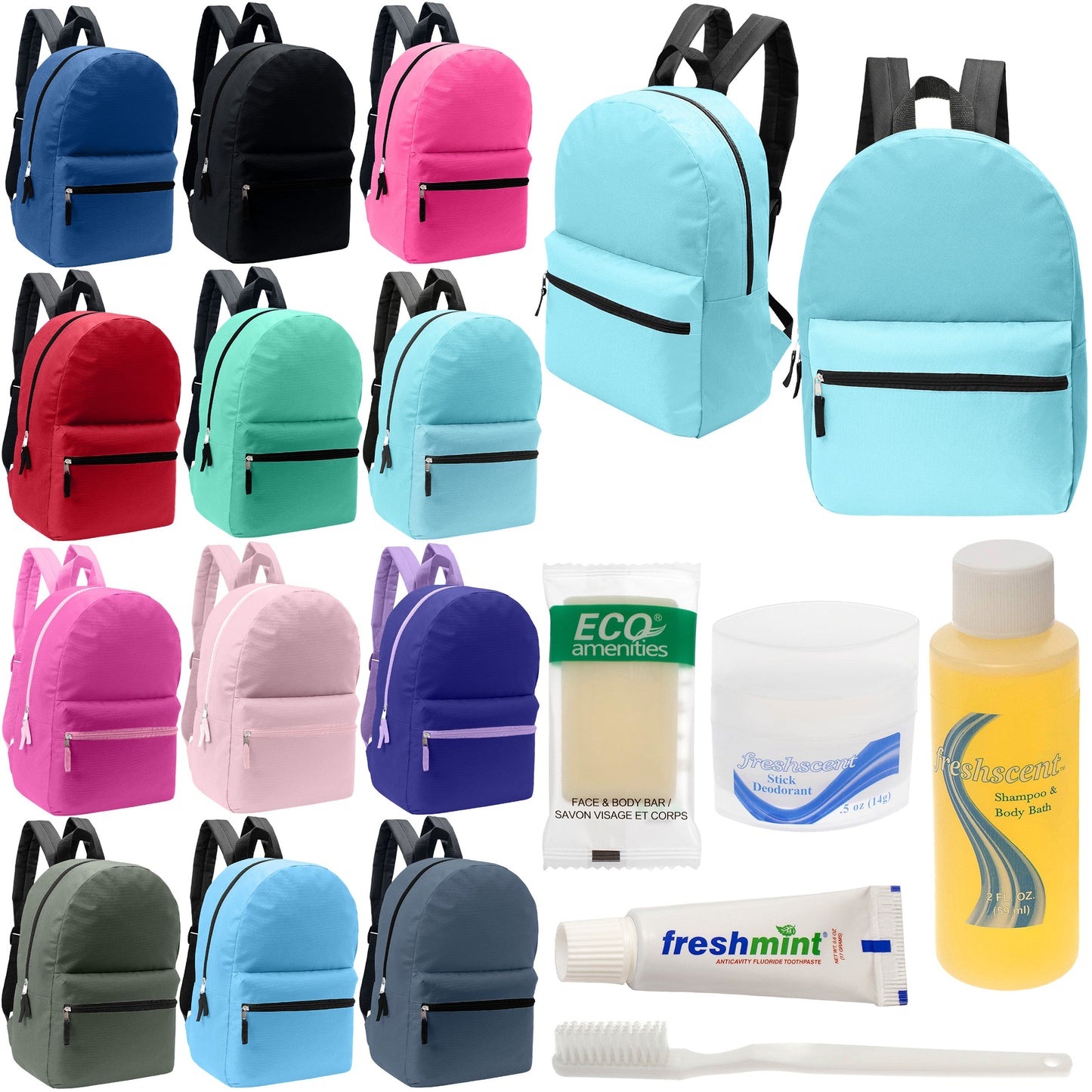 12 Basic 17" Backpacks in 12 Assorted Colors & Your Choice of 12 Bulk Hygiene Kits - Wholesale Care Package: Homeless, Emergency, Charity