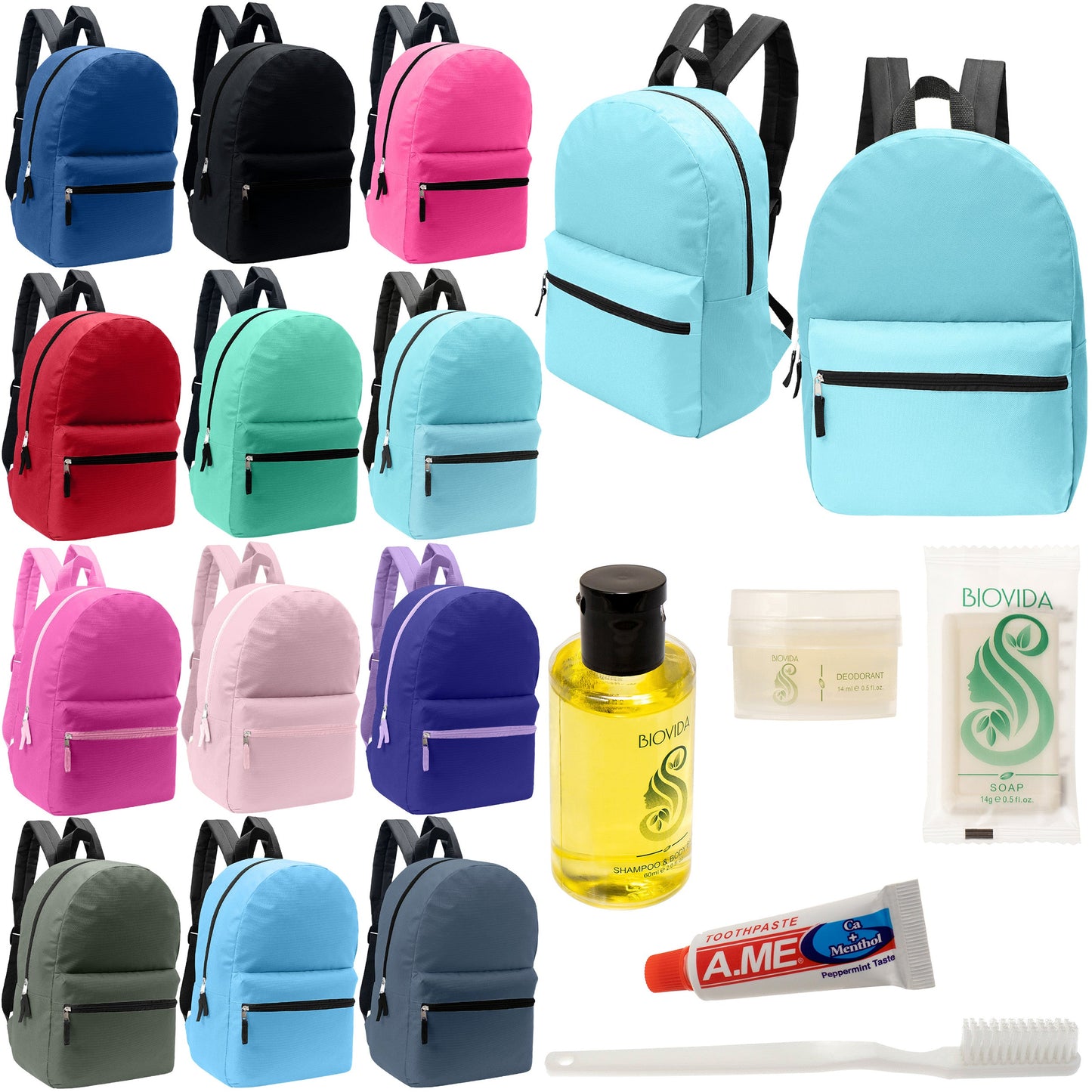 12 Basic 17" Backpacks in 12 Assorted Colors & Your Choice of 12 Bulk Hygiene Kits - Wholesale Care Package: Homeless, Emergency, Charity