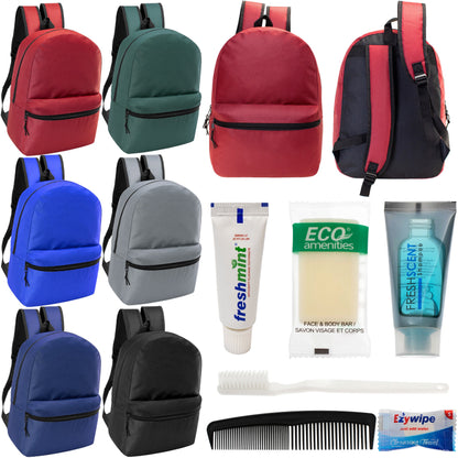 12 17" Classic Backpacks in 6 Assorted Colors & Your Choice of 12 Bulk Hygiene Kits - Wholesale Care Package: Homeless, Emergency, Charity