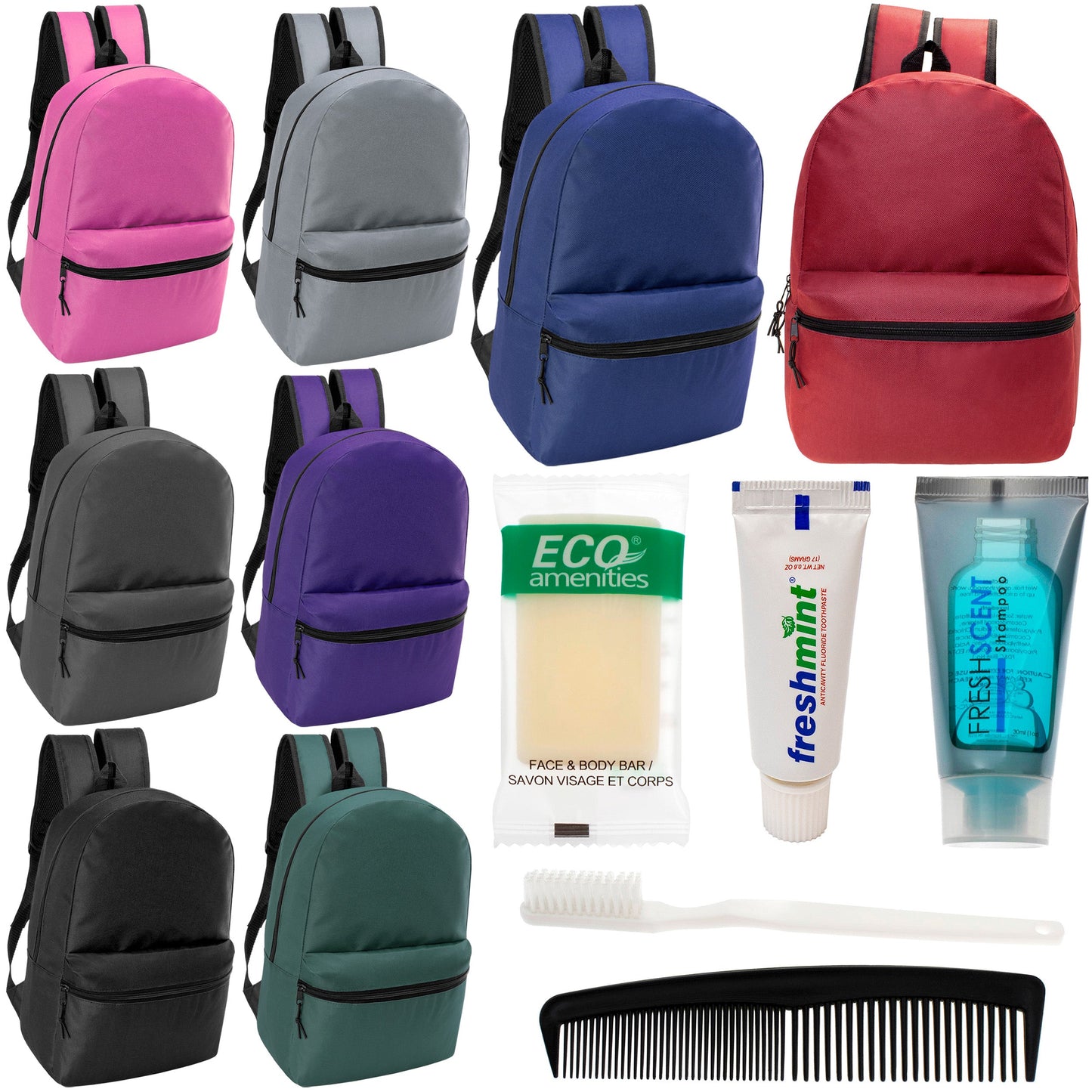 12 17" Classic Backpacks in 8 Assorted Colors & Your Choice of 12 Bulk Hygiene Kits - Wholesale Care Package: Homeless, Emergency, Charity