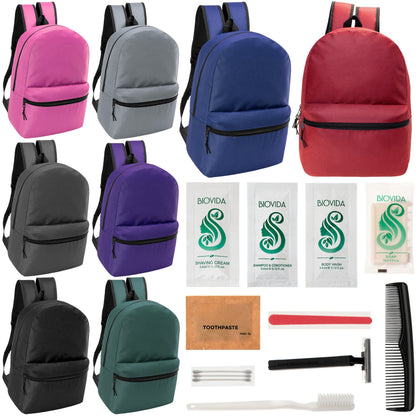 12 17" Classic Backpacks in 8 Assorted Colors & Your Choice of 12 Bulk Hygiene Kits - Wholesale Care Package: Homeless, Emergency, Charity