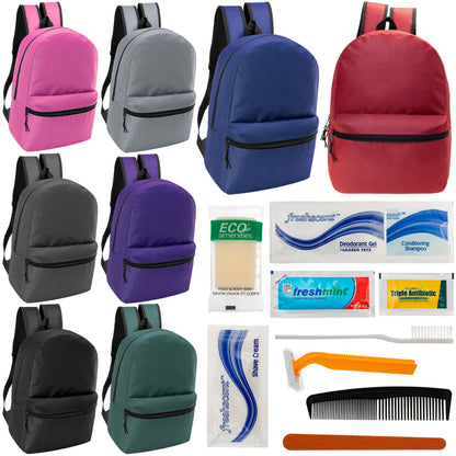 12 17" Classic Backpacks in 8 Assorted Colors & Your Choice of 12 Bulk Hygiene Kits - Wholesale Care Package: Homeless, Emergency, Charity