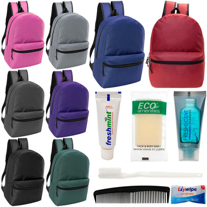 12 17" Classic Backpacks in 8 Assorted Colors & Your Choice of 12 Bulk Hygiene Kits - Wholesale Care Package: Homeless, Emergency, Charity