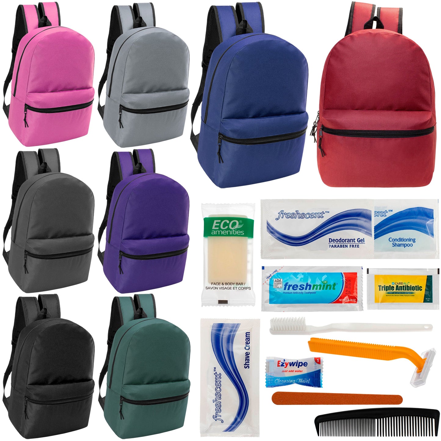 12 17" Classic Backpacks in 8 Assorted Colors & Your Choice of 12 Bulk Hygiene Kits - Wholesale Care Package: Homeless, Emergency, Charity