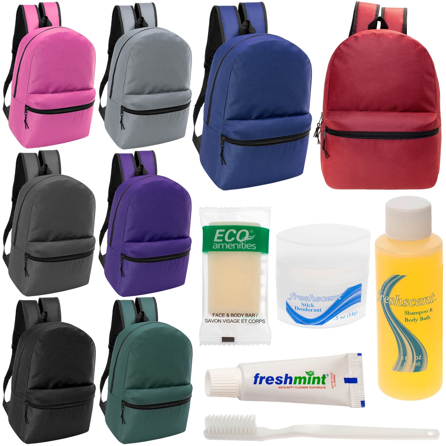 12 17" Classic Backpacks in 8 Assorted Colors & Your Choice of 12 Bulk Hygiene Kits - Wholesale Care Package: Homeless, Emergency, Charity