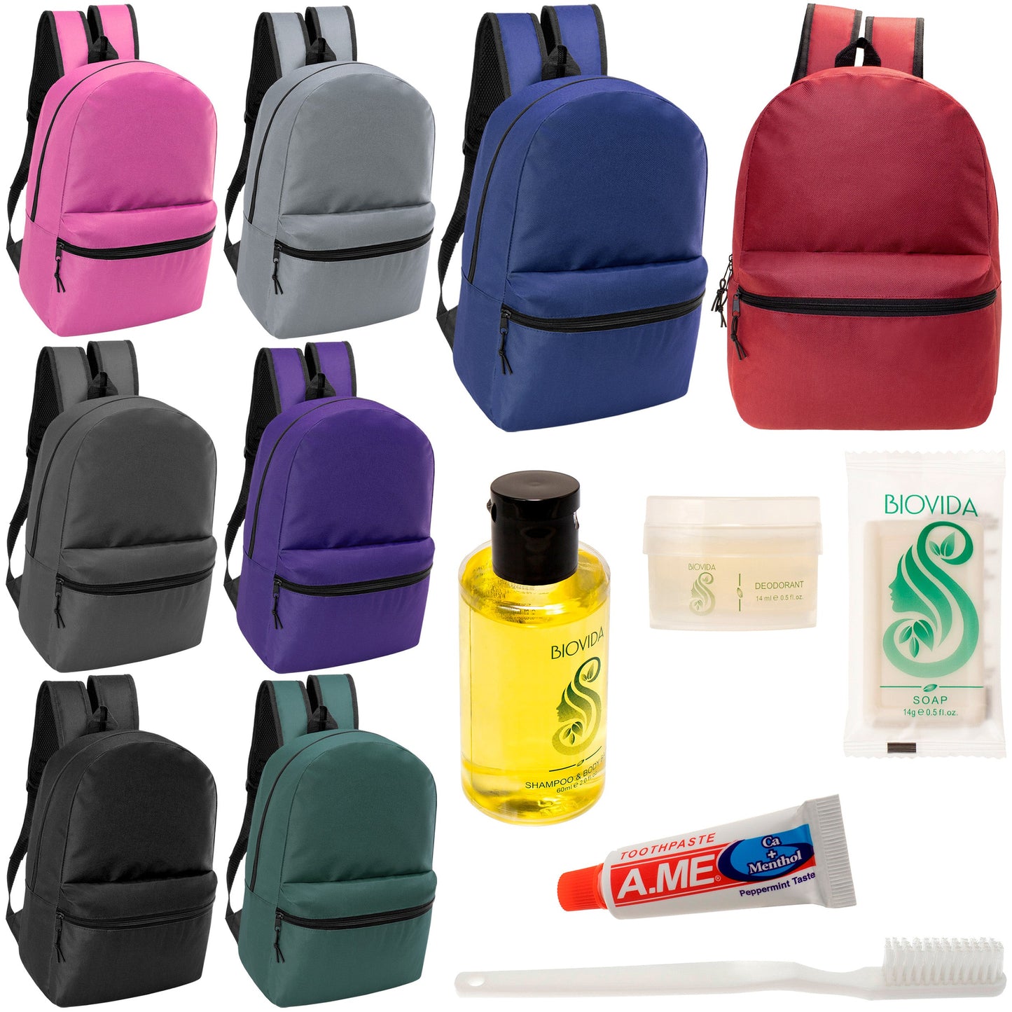 12 17" Classic Backpacks in 8 Assorted Colors & Your Choice of 12 Bulk Hygiene Kits - Wholesale Care Package: Homeless, Emergency, Charity