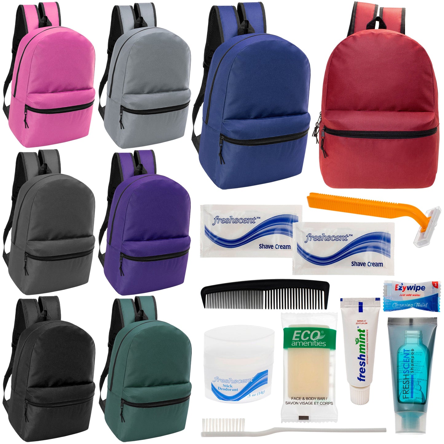 12 17" Classic Backpacks in 8 Assorted Colors & Your Choice of 12 Bulk Hygiene Kits - Wholesale Care Package: Homeless, Emergency, Charity