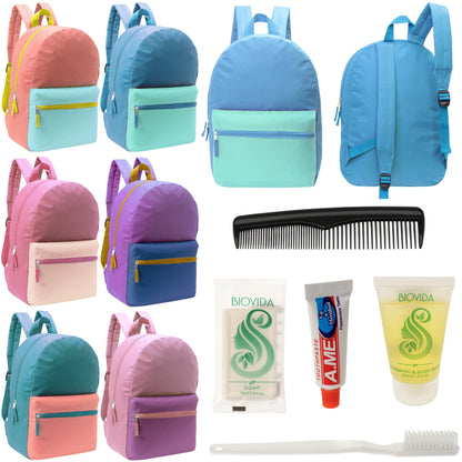 12 17" Two Tone Backpacks in 6 Color Combinations & Your Choice of 12 Bulk Hygiene Kits - Wholesale Care Package: Homeless, Emergency, Charity