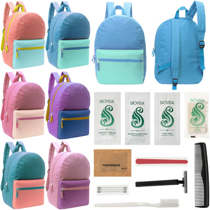 12 17" Two Tone Backpacks in 6 Color Combinations & Your Choice of 12 Bulk Hygiene Kits - Wholesale Care Package: Homeless, Emergency, Charity