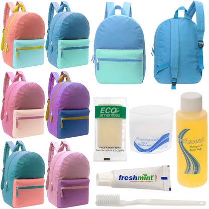 12 17" Two Tone Backpacks in 6 Color Combinations & Your Choice of 12 Bulk Hygiene Kits - Wholesale Care Package: Homeless, Emergency, Charity