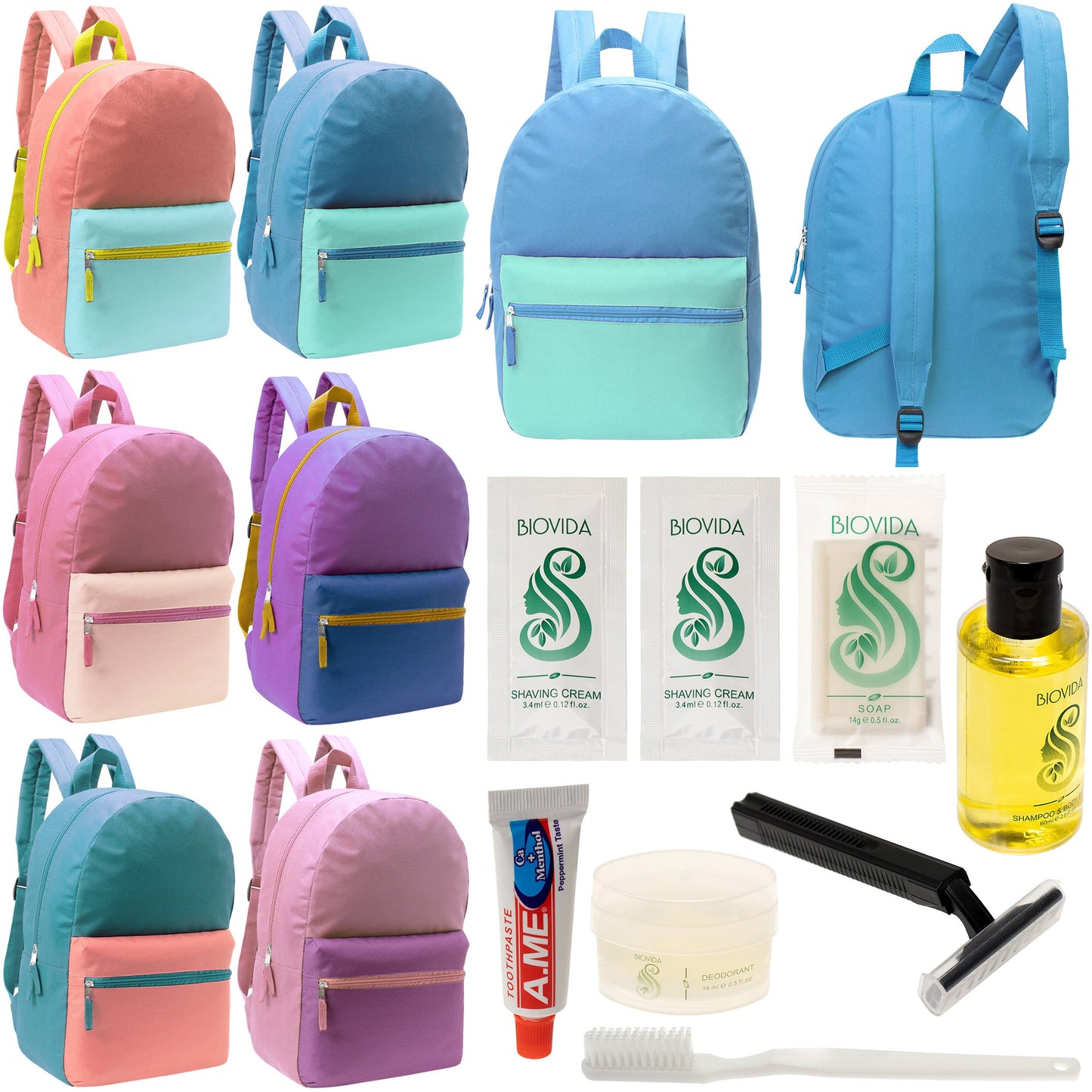 12 17" Two Tone Backpacks in 6 Color Combinations & Your Choice of 12 Bulk Hygiene Kits - Wholesale Care Package: Homeless, Emergency, Charity