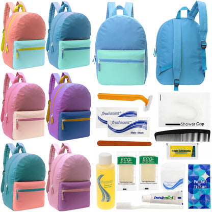 12 17" Two Tone Backpacks in 6 Color Combinations & Your Choice of 12 Bulk Hygiene Kits - Wholesale Care Package: Homeless, Emergency, Charity