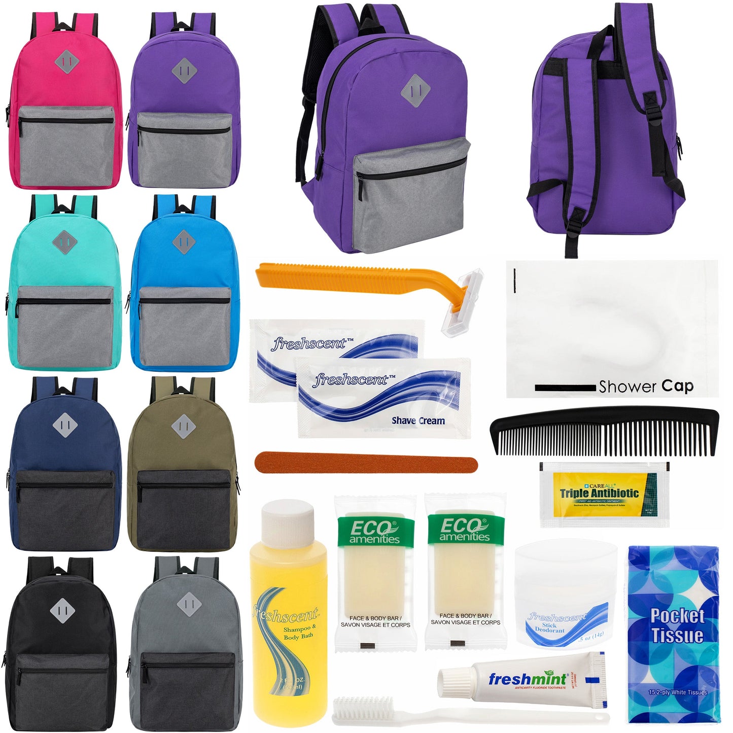 12 Diamond Patch 17" Backpacks in Multi Colors & Your Choice of 12 Bulk Hygiene Kits - Wholesale Care Package: Homeless, Emergency, Charity