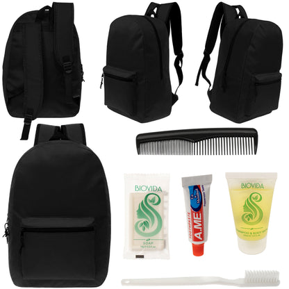 12 Black 17" Classic Backpacks & Your Choice of 12 Bulk Hygiene Kits - Wholesale Care Package: Homeless, Emergency, Charity