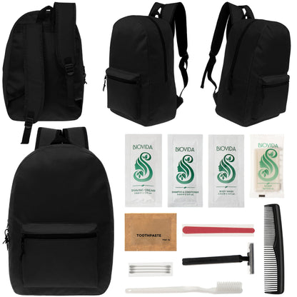 12 Black 17" Classic Backpacks & Your Choice of 12 Bulk Hygiene Kits - Wholesale Care Package: Homeless, Emergency, Charity