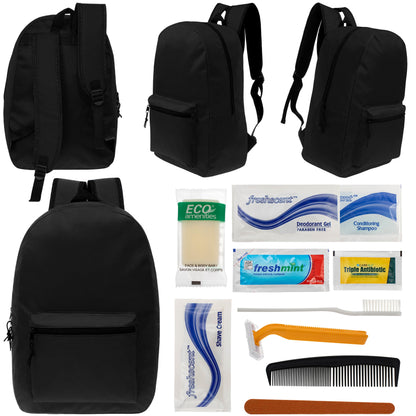 12 Black 17" Classic Backpacks & Your Choice of 12 Bulk Hygiene Kits - Wholesale Care Package: Homeless, Emergency, Charity